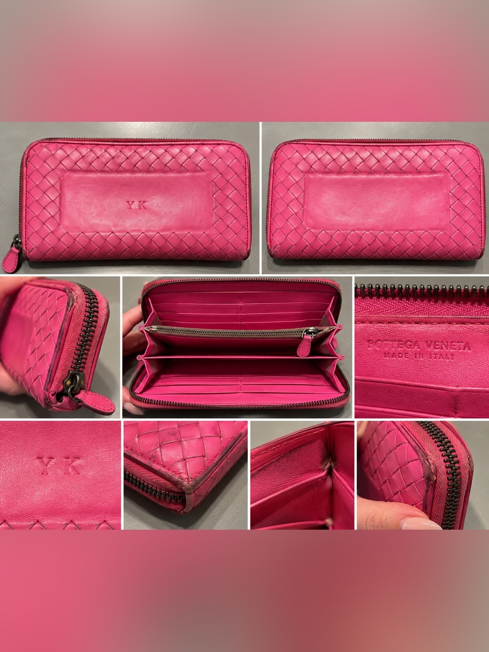 Bottega Veneta Intrecciato Nappa Leather Zip Around Wallet Pink YK Initials
